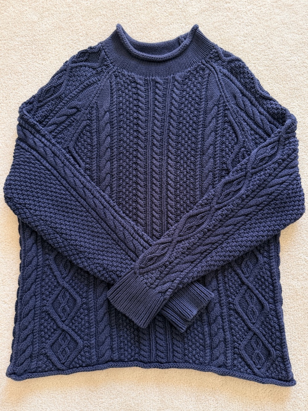 J.Crew Oarsman Sweater Large Blue Cable Knit Roll Neck Pullover 100% Cotton